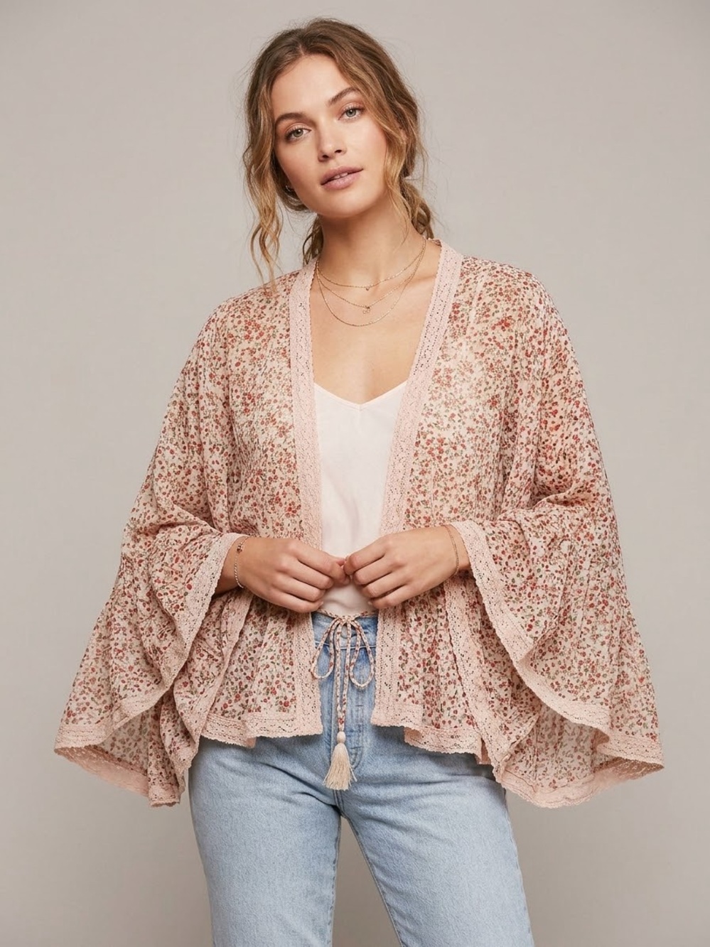 Free People Boho Floral Print Open Front Kimono Cardigan Bell Sleeve Lace Trim